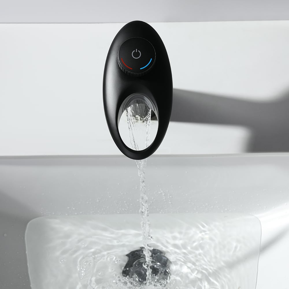 Grifo moderno para lavabo de baño con cascada, perilla única, orificio único, latón macizo gris Imagen de ventana