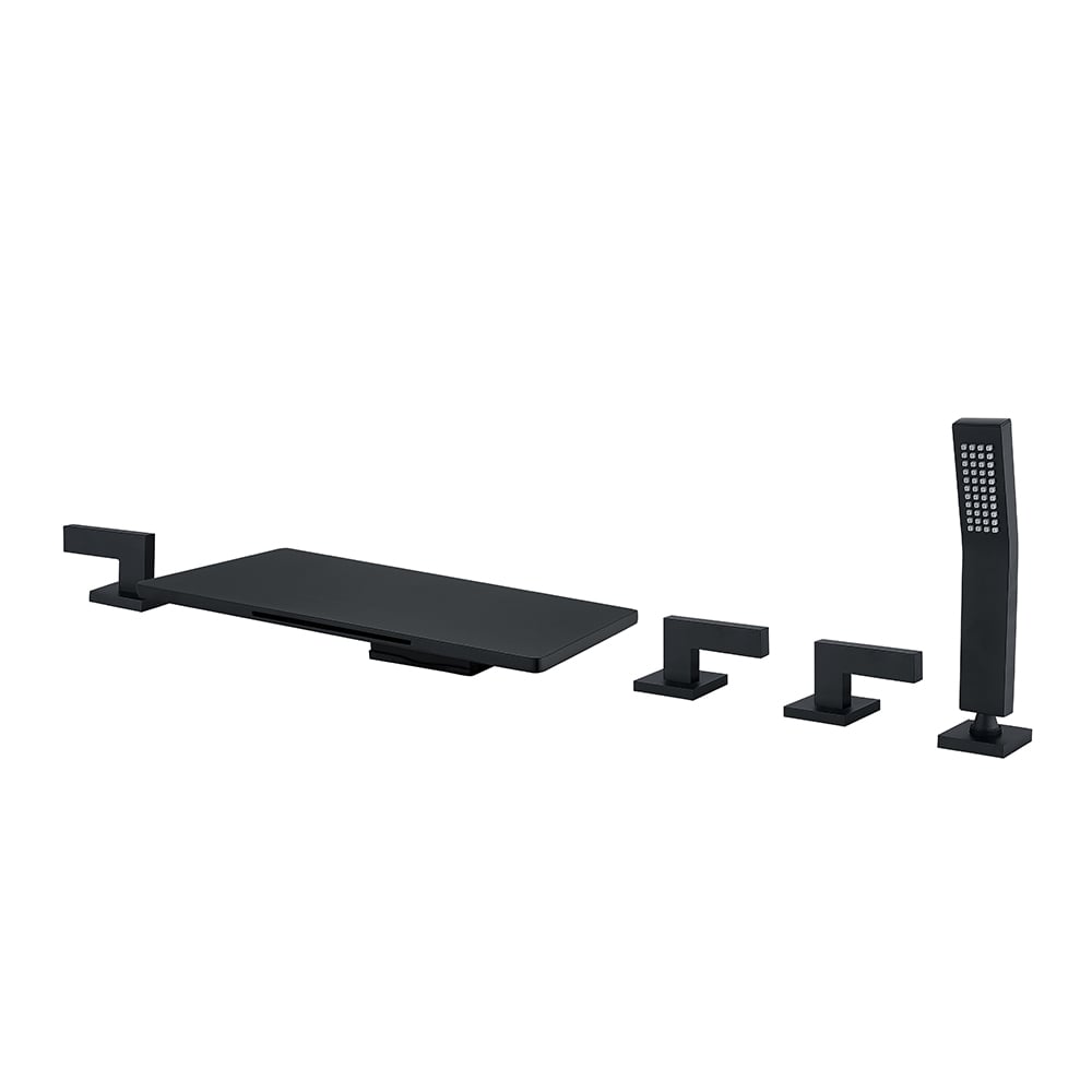 Modern Waterfall Bathtub Faucet Deck Mounted Tub Filler with Handshower in Black window image