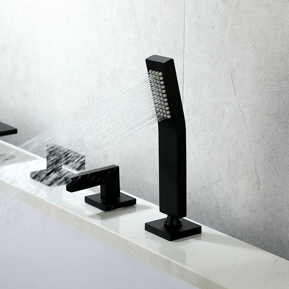 Modern Waterfall Bathtub Faucet Deck Mounted Tub Filler with Handshower in Black window image