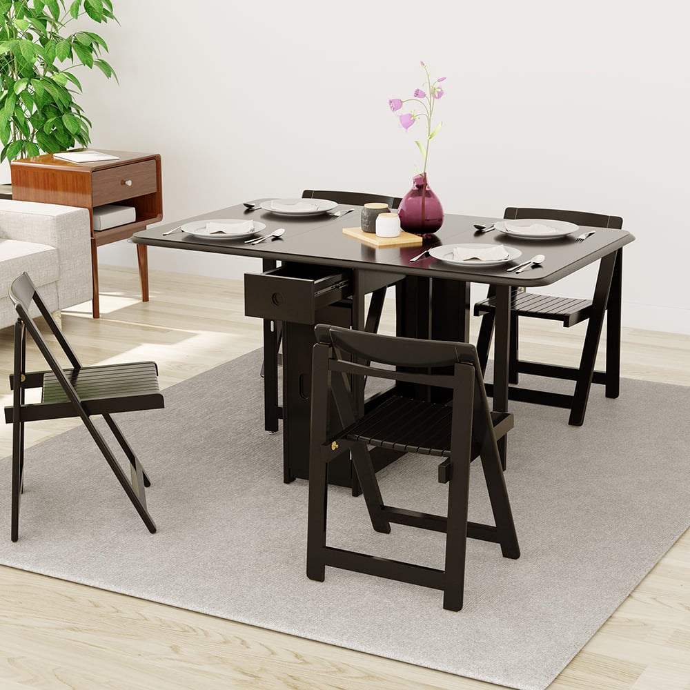 57" Modern Solid Wood Folding 5 Piece Dining Table Set for 4 in Black window image