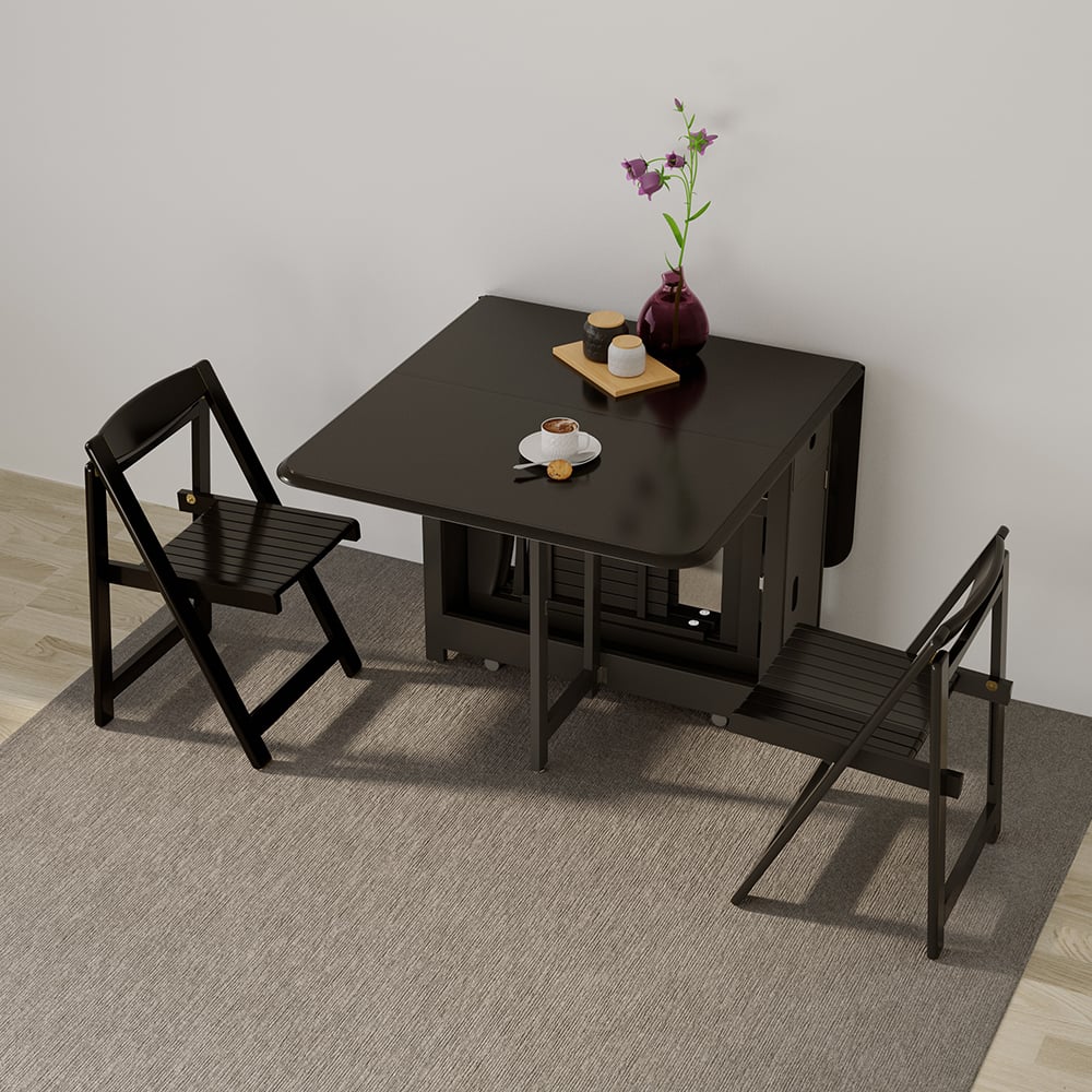 57" Modern Solid Wood Folding 5 Piece Dining Table Set for 4 in Black window image