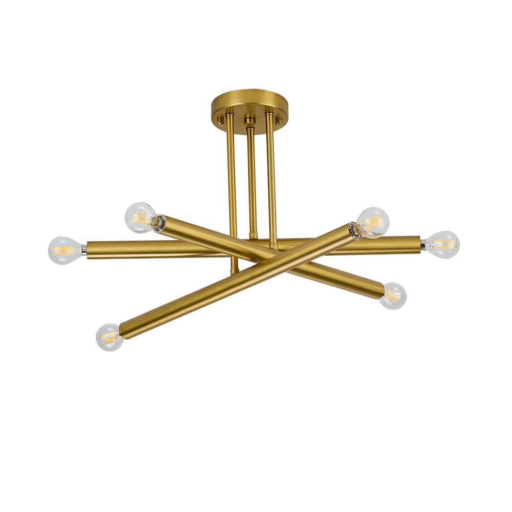 Modern Gold 6-Light Sputnik Semi-Flush Mount Light with Hanging Rod