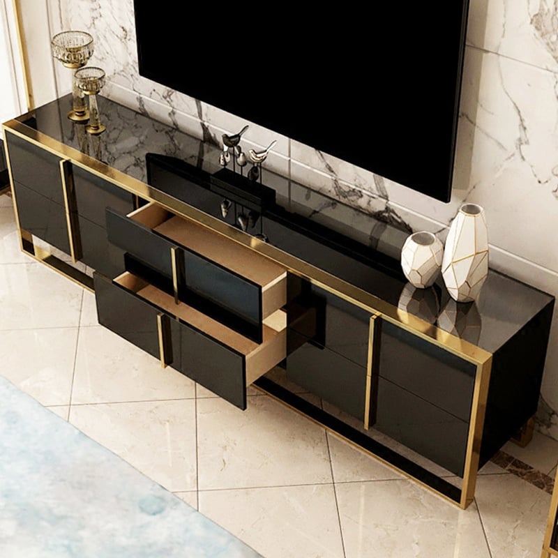 Rimh Zack Black 78" TV Stand Modern Gold Media Console with 6-Drawer & Glass Top window image