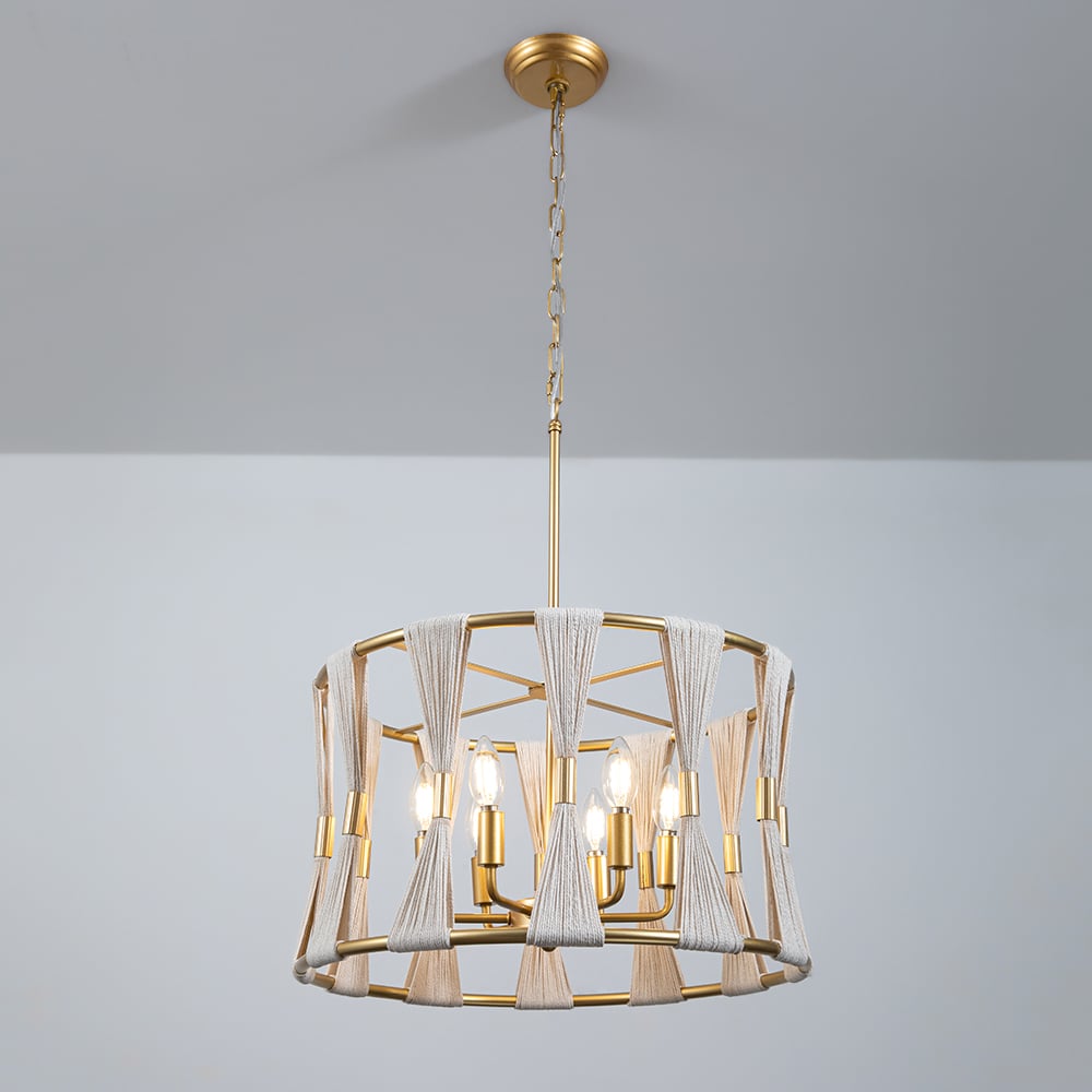 Japandi 6-Light Drum Chandelier Light Natural Rope Beige Hand-wrapped Lamp