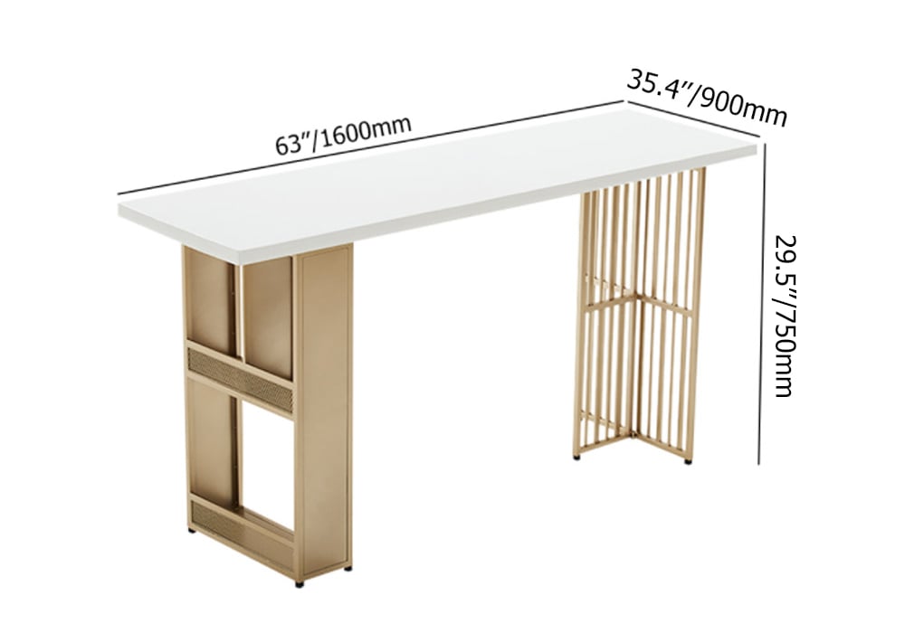 63" Modern White Metal Bar Height Dinning Table with Shelves & Storage in Gold weights dimensions image