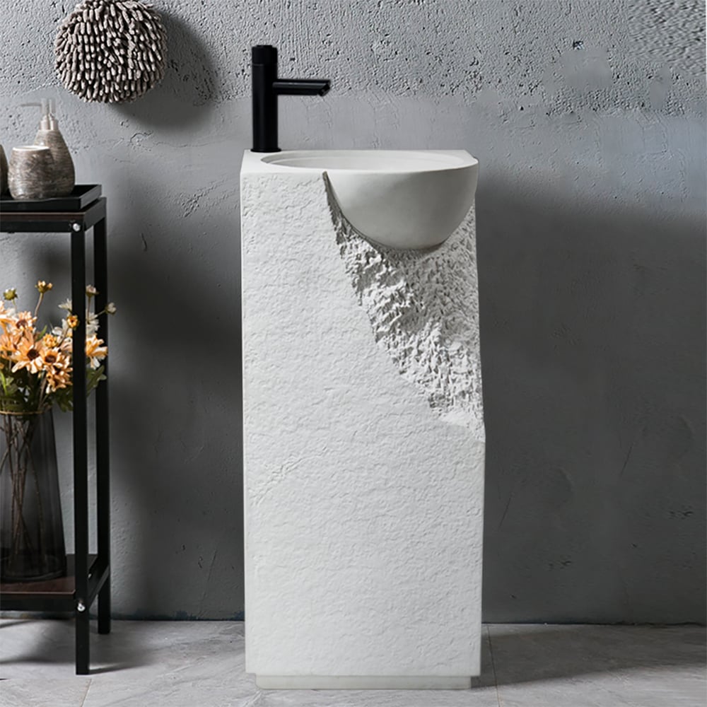 Questions et Réponses pour Bassin sur pied en résine Japandi Tall Stone 870 mm avec bassin arrondi, autoportant, blanc