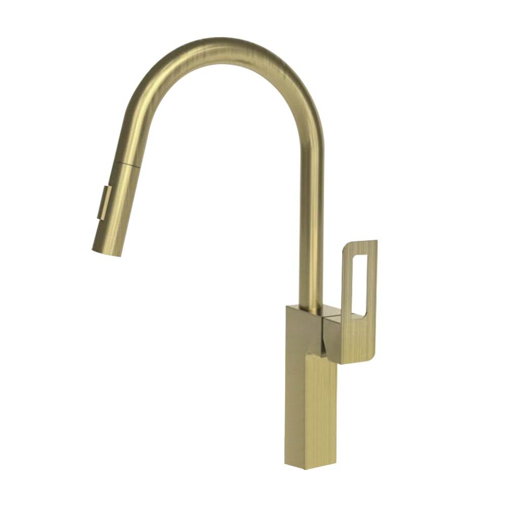 Modern Pull Out Kitchen Faucet with Double Function Sprayer Single Handle Brushed Gold window image