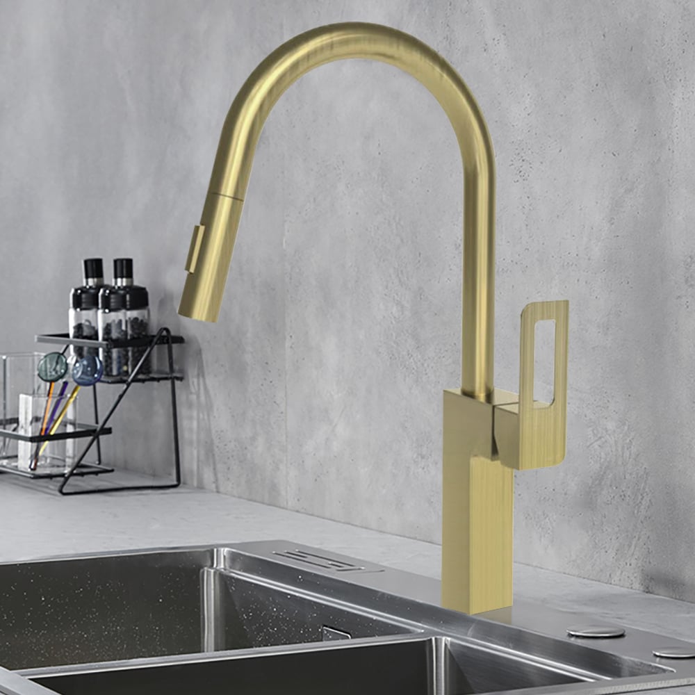 Modern Pull Out Kitchen Faucet with Double Function Sprayer Single Handle Brushed Gold window image