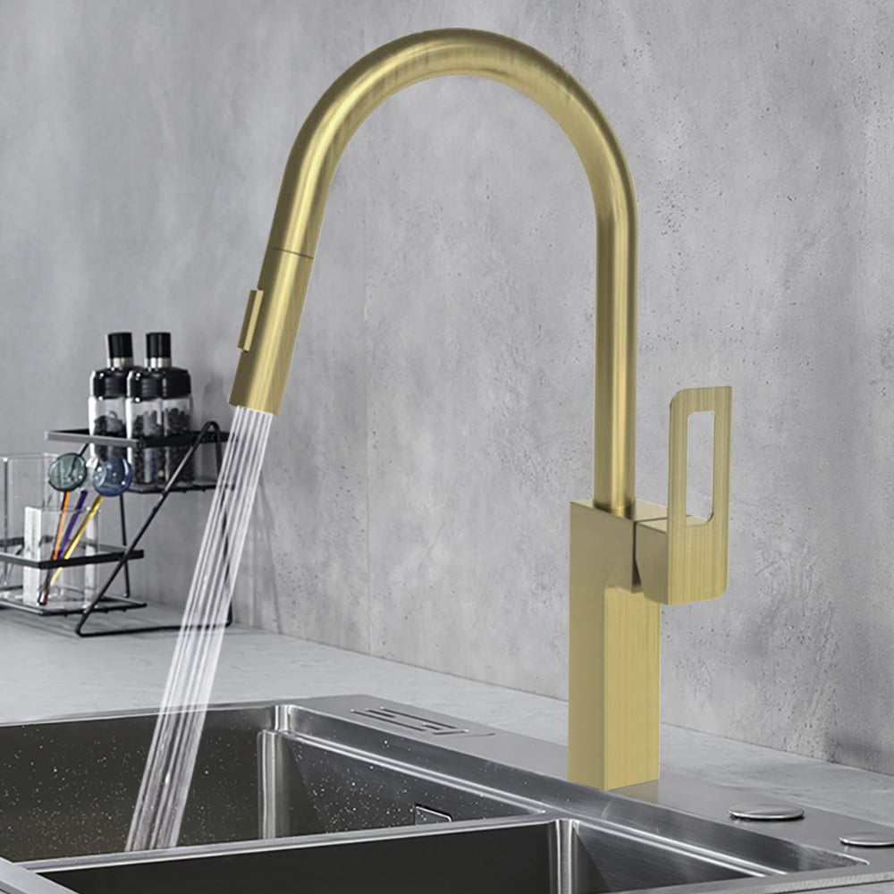 Modern Pull Out Kitchen Faucet with Double Function Sprayer Single Handle Brushed Gold window image
