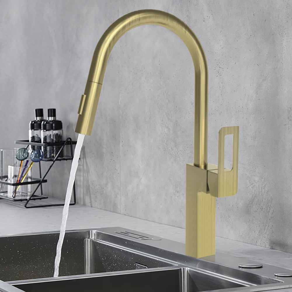 Modern Pull Out Kitchen Faucet with Double Function Sprayer Single Handle Brushed Gold window image