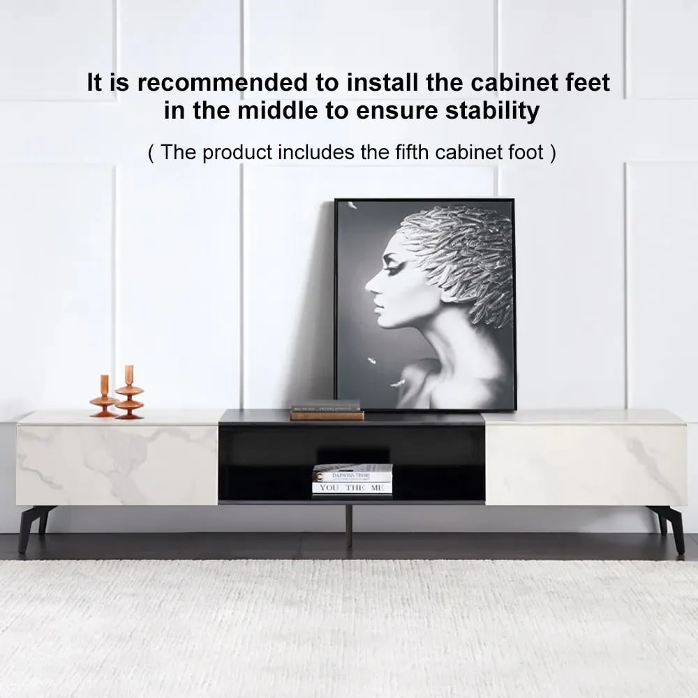 Modern Black & White TV Stand with Drawers Media Cabinet with Carbon Steel Legs in Black window image