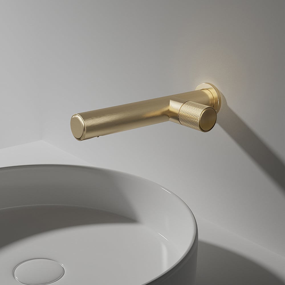 Moderne monobloc-badkamermengkraan voor wandmontage in geborsteld goud Vensterafbeelding