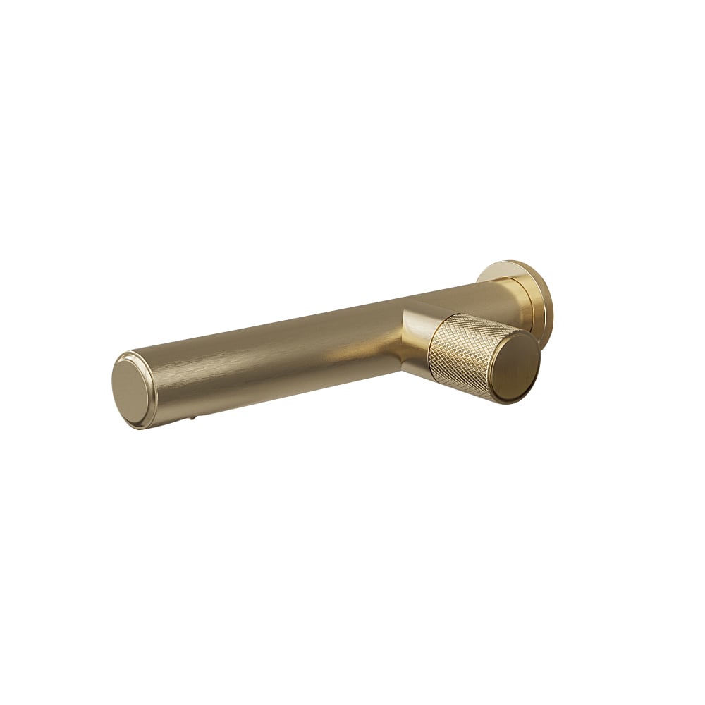 Moderne monobloc-badkamermengkraan voor wandmontage in geborsteld goud Vensterafbeelding