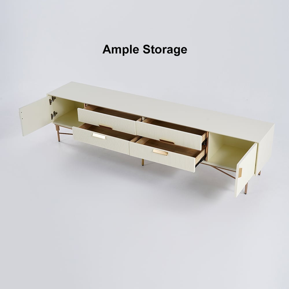 Mueble TV con frente acanalado con 4 cajones y 2 puertas de 200 cm en color blanquecino imagen de ventana