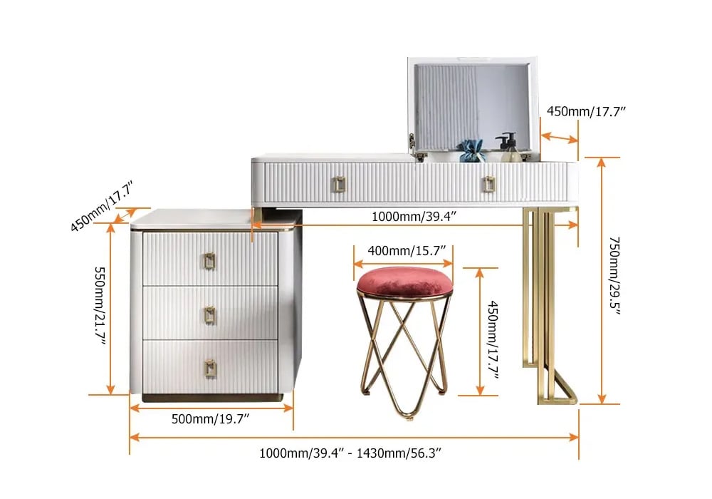 Modern Makeup Vanity Expandable Dressing Table with Cabinet Mirror & Stool Included weights dimensions image
