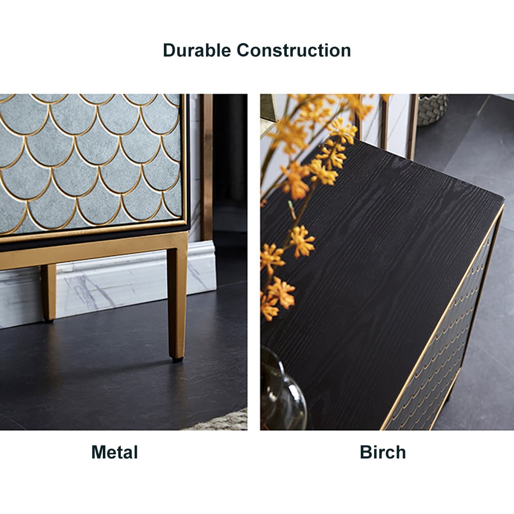 Aparador pequeno moderno com padrão em camadas, portas e prateleiras Imagem da janela