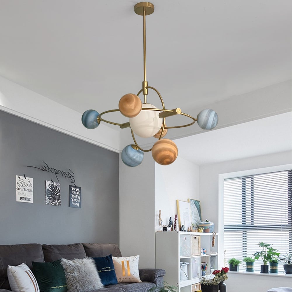 Modern Creative Design 7-Light Rotating Planet Chandelier Stainless Steel Frame window image