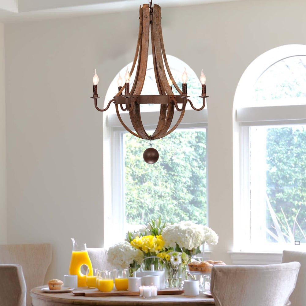 Rustic Wine Barrel Stave Reclaimed Wood & Rust Metal 6-Light Chandelier with Candle Light window image