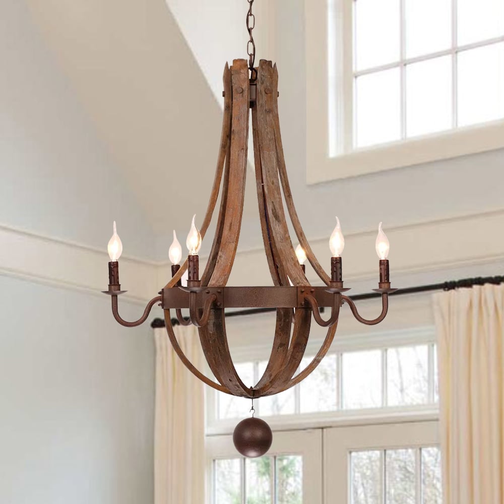 Rustic Wine Barrel Stave Reclaimed Wood & Rust Metal 6-Light Chandelier with Candle Light window image