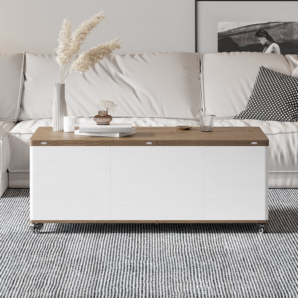 Table Basse Réglable En Hauteur Avec Rangement - 120x50x39.5cm (max 53.5cm) - Finition Noyer - Design Multifonction