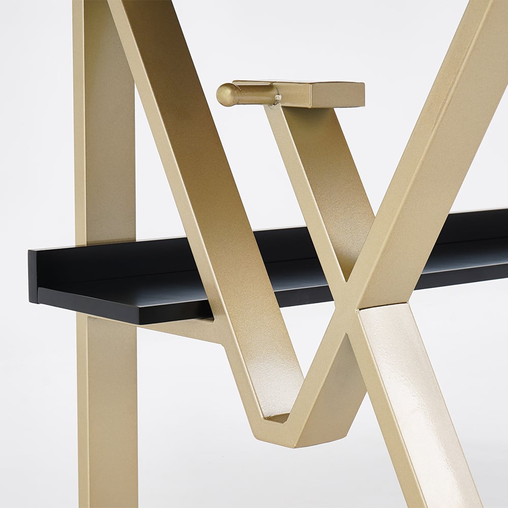 Modern zwart schrijfbureau met lade en plank houten blad en metalen frame Vensterafbeelding