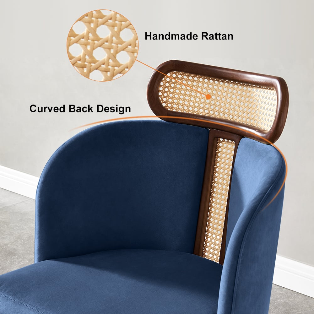 Modern Blue Velvet Dining Chair Curved Back Rattan Dining Room Chairs (Set of 2)