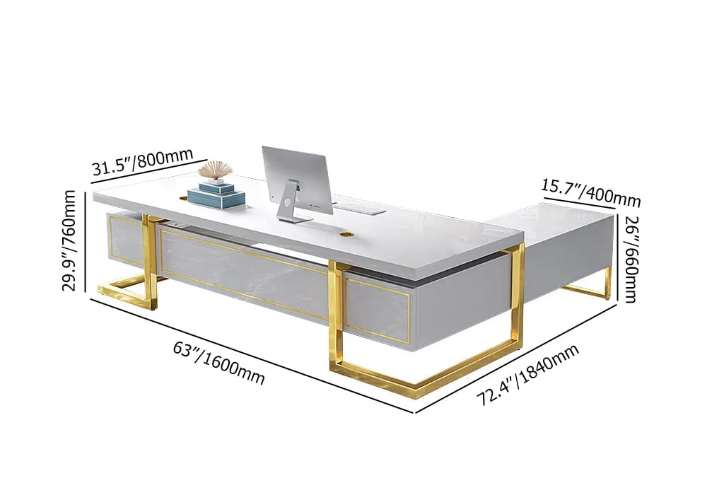 L-Shaped Modern Office Executive Desk of Left Hand with Storage in White & Gold weights dimensions image