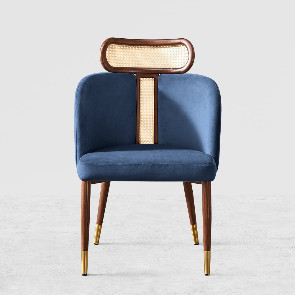 Modern Blue Velvet Dining Chair Curved Back Rattan Dining Room Chairs (Set of 2)
