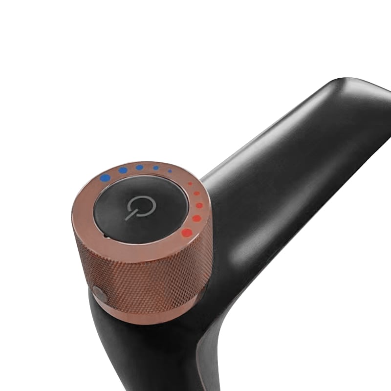 Modern Bathroom Monobloc Tap Tall Basin Mixer Tap with Press Button in Black & Rose Gold window image