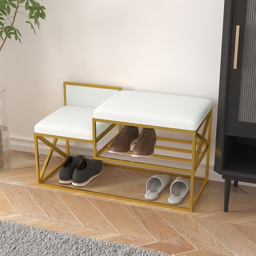 Modern PU Leather Upholstered Entryway Bench White with Gold Legs window image