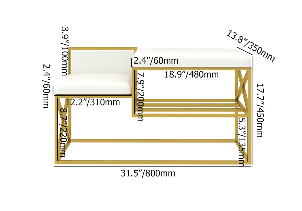 Modern PU Leather Upholstered Entryway Bench White with Gold Legs weights dimensions image