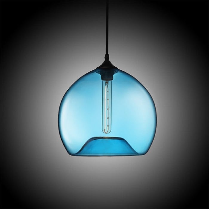 Lámpara colgante moderna y minimalista de vidrio con forma de cuenco de 1 luz en color azul Imagen de ventana