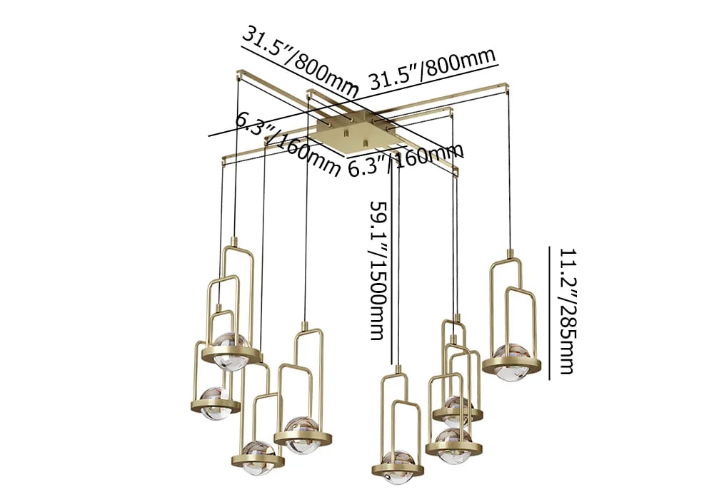 Modern Gold Metal Chandelier 8-Light Ceiling Light Crystal Ball weights dimensions image