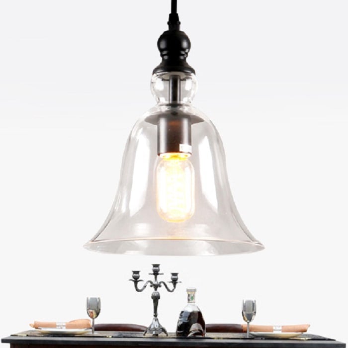 Modern 1-Light Pendant Light Clear Glass Bell Shape in Black Metal window image