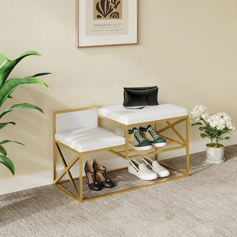 Modern PU Leather Upholstered Entryway Bench White with Gold Legs window image