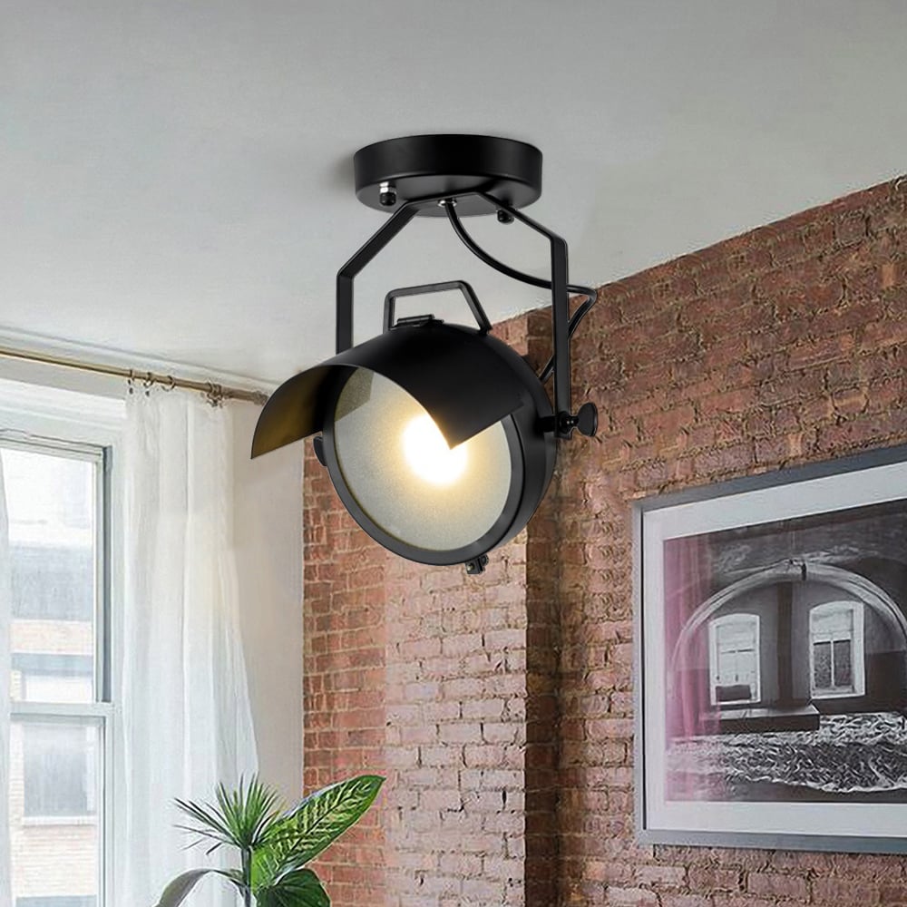 Industrial LED Round Ceiling Light Semi Flush Light Lamp Fixture in Black window image