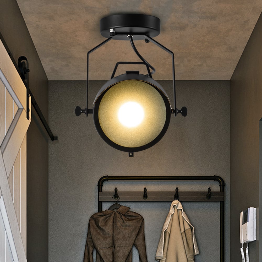 Industrial LED Round Ceiling Light Semi Flush Light Lamp Fixture in Black window image