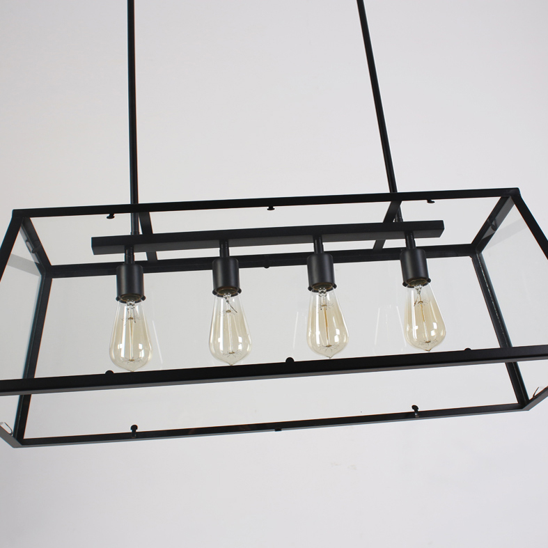 Moderne metalen hanglamp met 4 lampen, plafondhanglamp, trapeziumvorm in zwarte kleur Vensterafbeelding