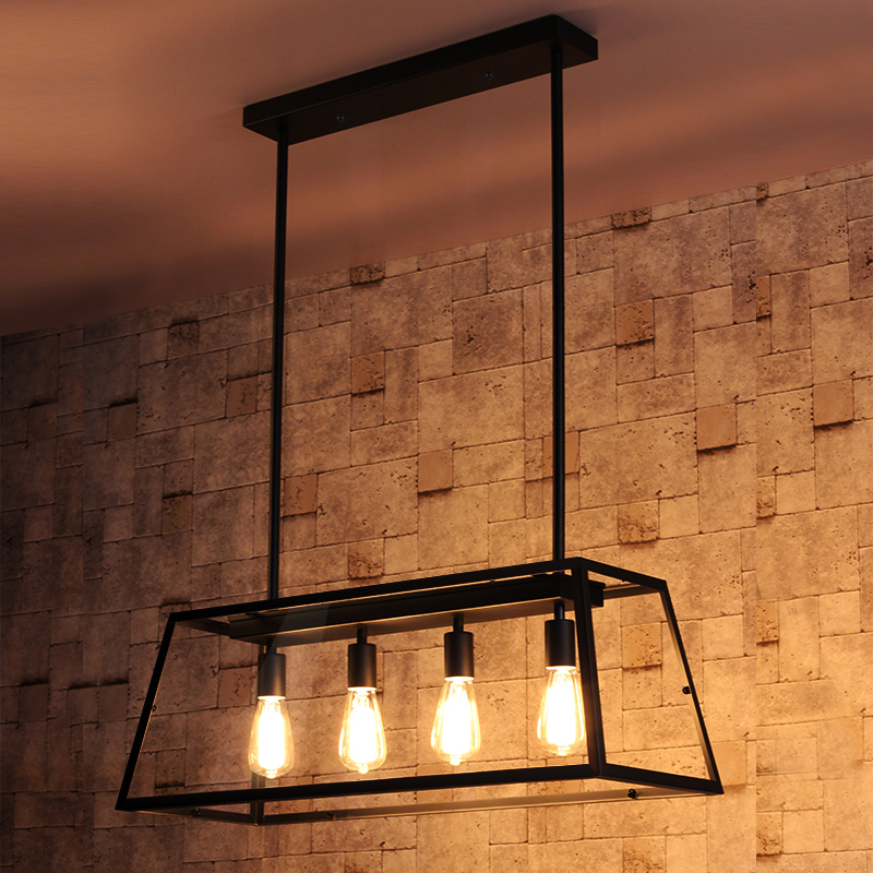 Moderne metalen hanglamp met 4 lampen, plafondhanglamp, trapeziumvorm in zwarte kleur Vensterafbeelding