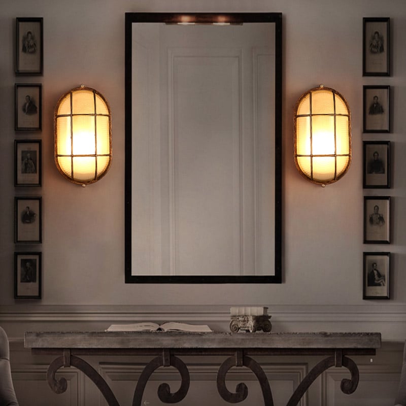 Industrial Glass Single Wall Sconce Wall Lamp with Metal Backplate in Rust window image