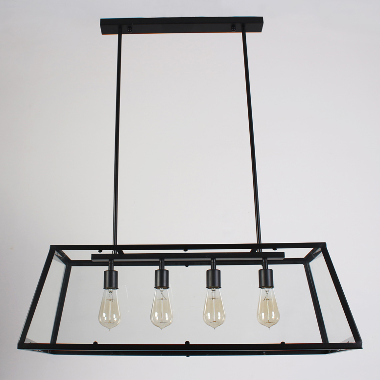 Moderne metalen hanglamp met 4 lampen, plafondhanglamp, trapeziumvorm in zwarte kleur Vensterafbeelding