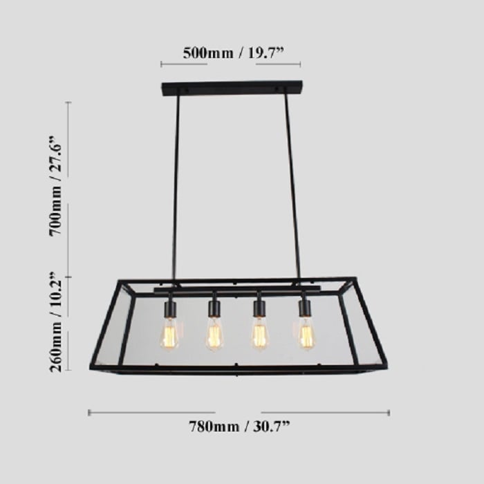 Moderne metalen hanglamp met 4 lampen, plafondhanglamp, trapeziumvorm in zwarte kleur Vensterafbeelding