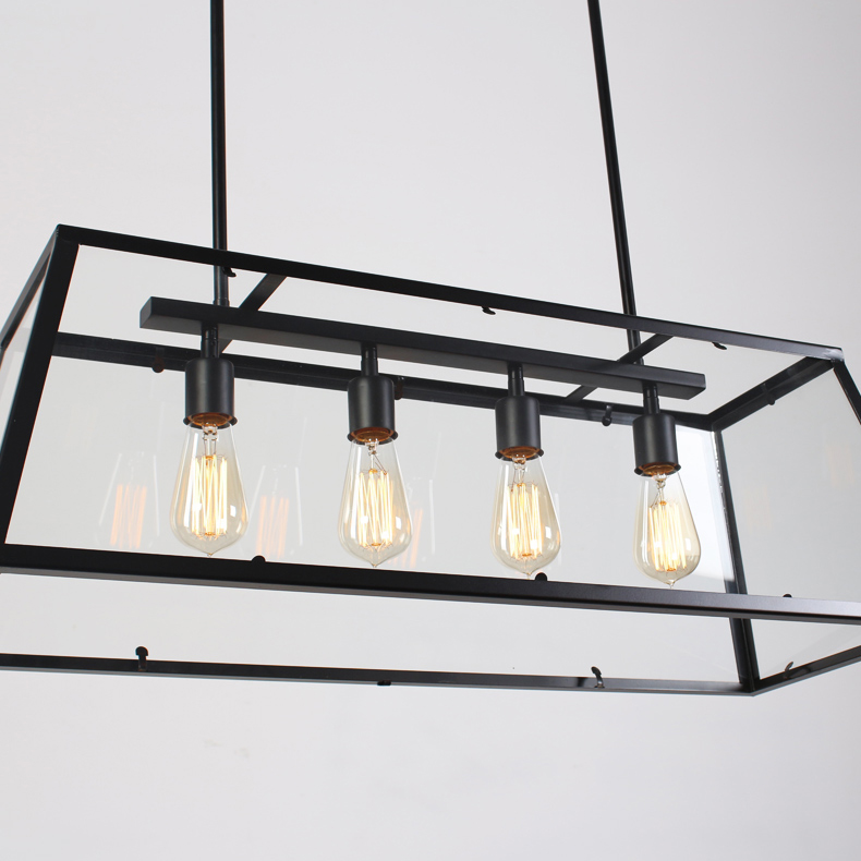 Moderne metalen hanglamp met 4 lampen, plafondhanglamp, trapeziumvorm in zwarte kleur Vensterafbeelding