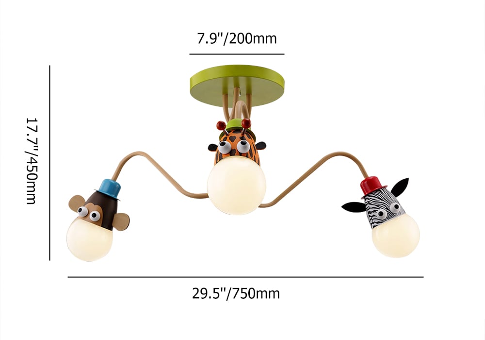 Art Deco 3-Light Semi-Flush Mount Light Animal Giraffe Monkey Zebra Children's Room window image