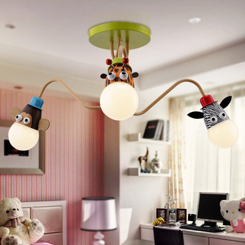 Art Deco 3-Light Semi-Flush Mount Light Animal Giraffe Monkey Zebra Children's Room window image