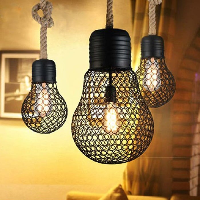 Industrial Single-Light Geometric Mesh Pattern Ceiling Pendant Light in Black Iron window image