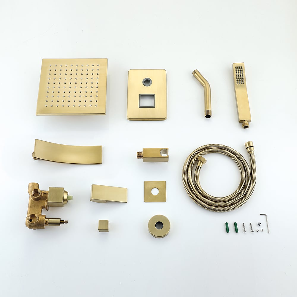 Waterfall Tub Spout Shower Faucet Set with Rain Shower Head Wall Mounted in Brushed Gold window image