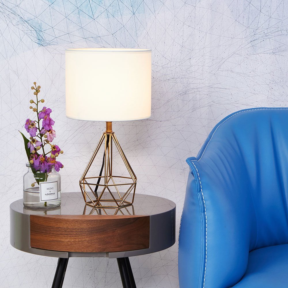 Modern Table Lamp 1-Light Desktop Fabric Shade in White & Gold Deometric Design window image