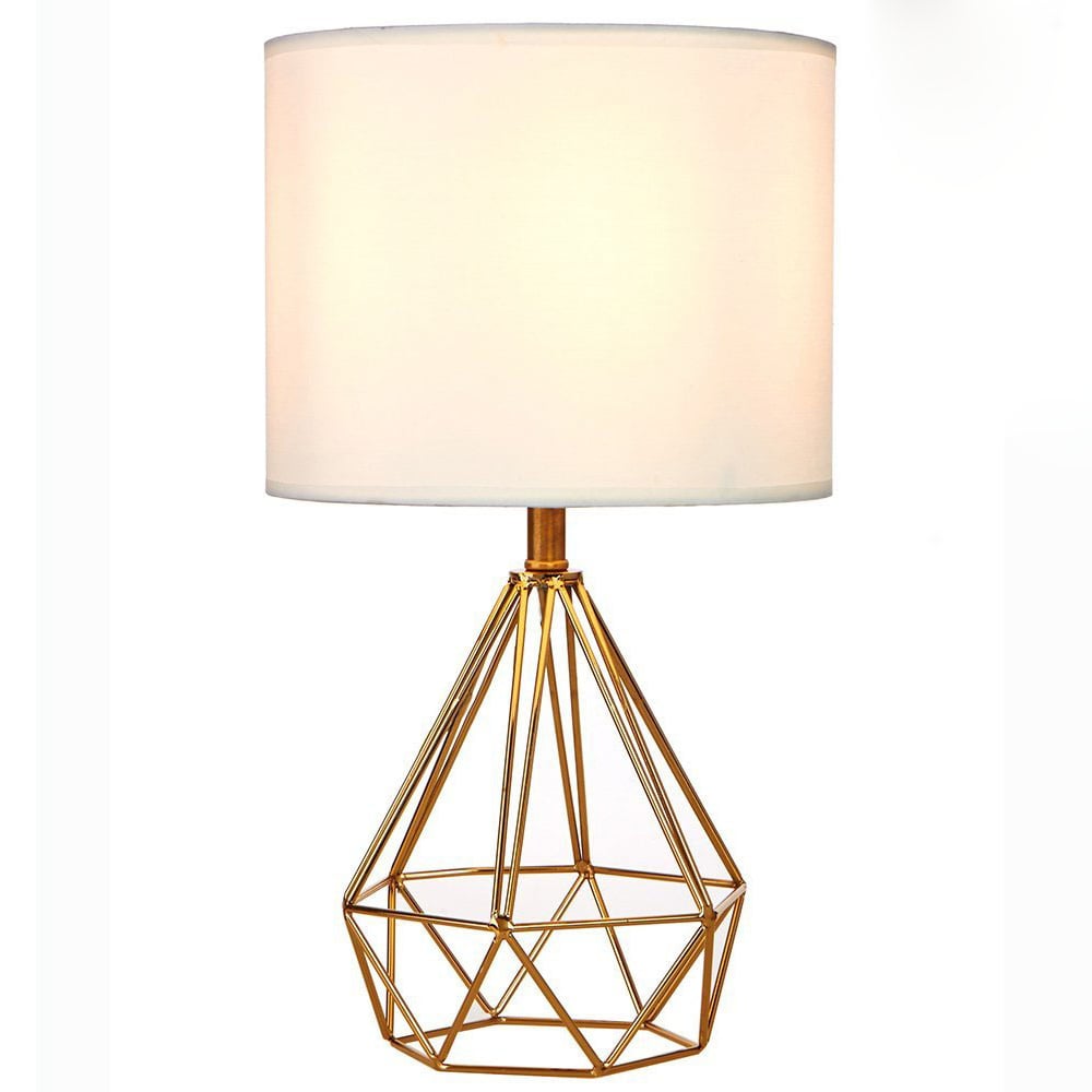 Modern Table Lamp 1-Light Desktop Fabric Shade in White & Gold Deometric Design window image