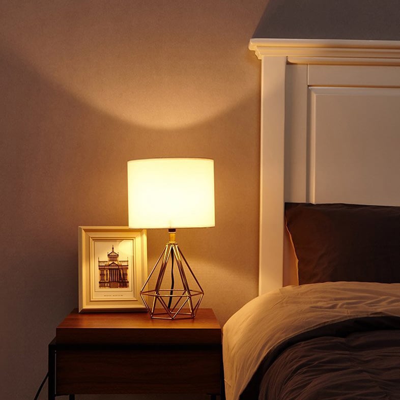 Modern Table Lamp 1-Light Desktop Fabric Shade in White & Gold Deometric Design window image